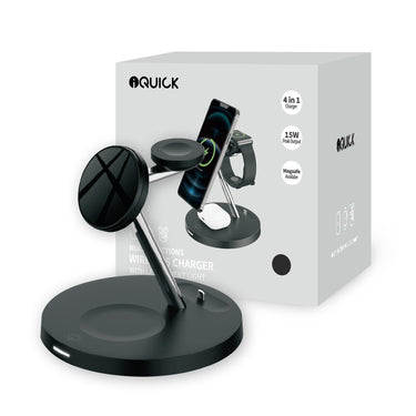 iQuick 4 in 1 Fast Wireless Charger With Magsafe+LED Ambient Light - Black